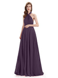 Simple A-Line High Neck Pleats Chiffon Floor Length Bridesmaid Dresses