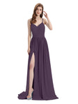 Spaghetti Straps A-line Chiffon Side Slit Long Bridesmaid Dresses