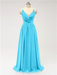 A-line Spaghetti Straps V Neck Chiffon Floor Length Bridesmaid Dresses