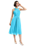 A-line Sleeveless Criss-cross Halter Tea-length Bridesmaid Dresses