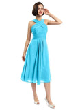 A-line Sleeveless Criss-cross Halter Tea-length Bridesmaid Dresses