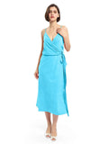 V-neck Split Tea-length Spaghetti Straps Bridesmaid Dresses