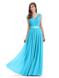 Elegant A-Line V-Neck Lace Chiffon Long Bridesmaid Dresses