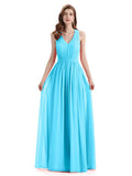 A-Line Sleeveless Pleats Chiffon Cheap Long Bridesmaid Dresses