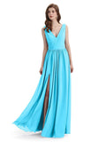 A-Line V-Neck Sleeveless Split Side Chiffon Long Bridesmaid Dresses