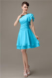 Popular A-line Chiffon One Shoulder Ruffle Sleeves Short Bridesmaid Dresses