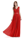 Elegant A-Line V-Neck Lace Chiffon Long Bridesmaid Dresses