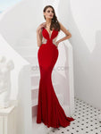Red Long V-Neck Unique Mermaid Long Modest Prom Dresses Online, Evening Dresses LMX1149