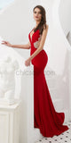 Red Long V-Neck Unique Mermaid Long Modest Prom Dresses Online, Evening Dresses LMX1149
