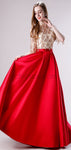 Red Satin Sequin Half sleeves High Neck Elegant Modest Unique Long Prom Dresses LMX1186