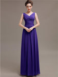 Simple V-Neck Pleats Chiffon Long Bridesmaid Dresses