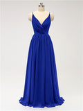 A-line Spaghetti Straps V Neck Chiffon Floor Length Bridesmaid Dresses