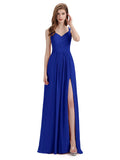 Simple V-neck Chiffon Floor-Length Side Slit Long Bridesmaid Dresses