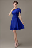 Popular A-line Chiffon One Shoulder Ruffle Sleeves Short Bridesmaid Dresses