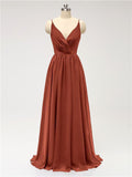 A-line Spaghetti Straps V Neck Chiffon Floor Length Bridesmaid Dresses