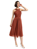 A-line Sleeveless Criss-cross Halter Tea-length Bridesmaid Dresses