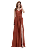 Simple V-neck Chiffon Floor-Length Side Slit Long Bridesmaid Dresses