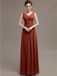 Simple V-Neck Pleats Chiffon Long Bridesmaid Dresses