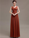 Simple V-Neck Pleats Chiffon Long Bridesmaid Dresses