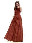 A-Line Round Neck Lace Pleats Floor Length Bridesmaid Dresses