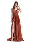 Spaghetti Straps A-line Chiffon Side Slit Long Bridesmaid Dresses