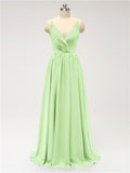 A-line Spaghetti Straps V Neck Chiffon Floor Length Bridesmaid Dresses