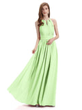 A-Line Halter Chiffon Pleats Floor Length Bridesmaid Dresses