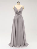 A-line Spaghetti Straps V Neck Chiffon Floor Length Bridesmaid Dresses