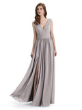 A-Line V-Neck Sleeveless Split Side Chiffon Long Bridesmaid Dresses