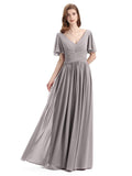 Chiffon A-line Short Sleeves Elegant Floor-Length Bridesmaid Dresses