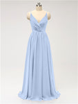 A-line Spaghetti Straps V Neck Chiffon Floor Length Bridesmaid Dresses