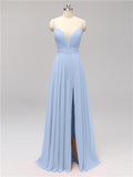 Honest Chiffon Spaghetti Straps Slit Long Bridesmaid Dresses