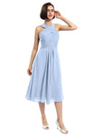 A-line Sleeveless Criss-cross Halter Tea-length Bridesmaid Dresses