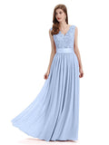 Elegant A-Line V-Neck Lace Chiffon Long Bridesmaid Dresses