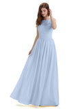 A-Line Round Neck Lace Pleats Floor Length Bridesmaid Dresses