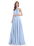 Simple A-Line High Neck Pleats Chiffon Floor Length Bridesmaid Dresses