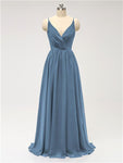 A-line Spaghetti Straps V Neck Chiffon Floor Length Bridesmaid Dresses