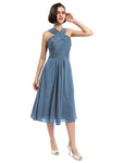 A-line Sleeveless Criss-cross Halter Tea-length Bridesmaid Dresses