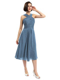 A-line Sleeveless Criss-cross Halter Tea-length Bridesmaid Dresses