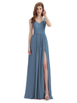 Simple V-neck Chiffon Floor-Length Side Slit Long Bridesmaid Dresses