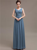 Simple V-Neck Pleats Chiffon Long Bridesmaid Dresses