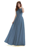 A-Line Round Neck Lace Pleats Floor Length Bridesmaid Dresses