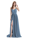 Spaghetti Straps A-line Chiffon Side Slit Long Bridesmaid Dresses