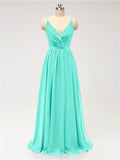 A-line Spaghetti Straps V Neck Chiffon Floor Length Bridesmaid Dresses