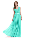 Elegant A-Line V-Neck Lace Chiffon Long Bridesmaid Dresses