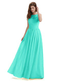 A-Line Round Neck Lace Pleats Floor Length Bridesmaid Dresses