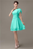 Popular A-line Chiffon One Shoulder Ruffle Sleeves Short Bridesmaid Dresses