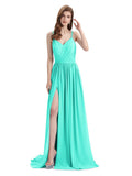 Spaghetti Straps A-line Chiffon Side Slit Long Bridesmaid Dresses