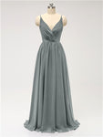 A-line Spaghetti Straps V Neck Chiffon Floor Length Bridesmaid Dresses