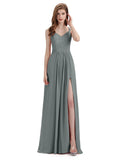 Simple V-neck Chiffon Floor-Length Side Slit Long Bridesmaid Dresses